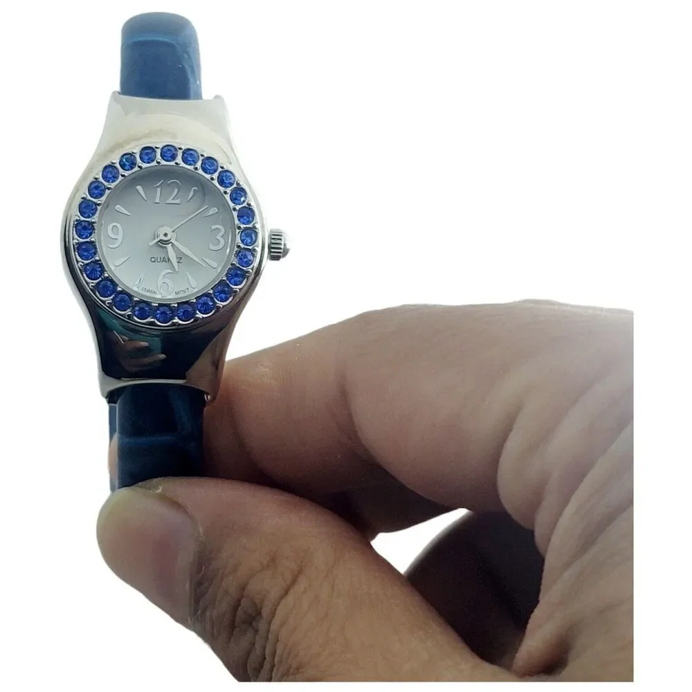 Miyota Quartz Women Watch Cobalt Blue Rhinestone Crystal Face Silver Cuff‎ Band